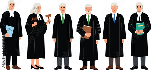 Fotografie Judges and legal professionals collection in traditional courtroom robes holding