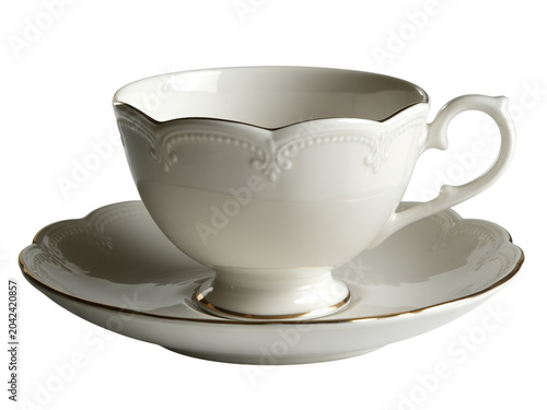 Elegant white teacup and saucer with intricate gold trim, perfect for a sophisticated tea time experience