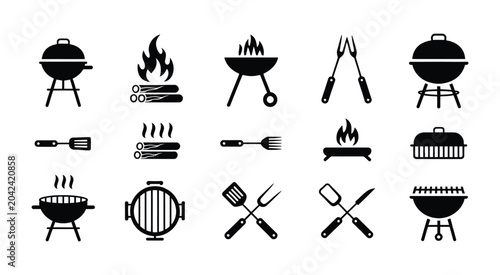 Fotografie BBQ grill and barbecue tools icon set featuring grilling equipment, sausages, fi