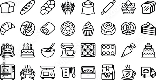 Tableau sur toile Bakery icon set 30 line art icons for pastries bread cooking and cafe businesses