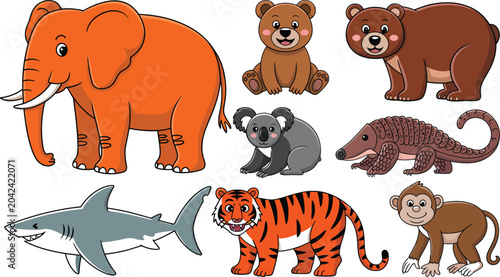 Canvas Print Set of nine diverse cartoon style animals including an elephant, tiger, shark, a