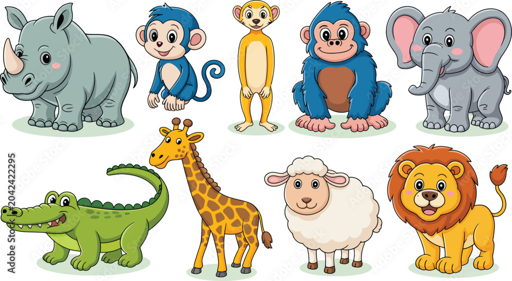 Εκτύπωση καμβά Collection of eight cartoon animal characters including elephant, lion, and gira