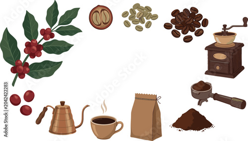 Foto Coffee Production and Brewing Vector Illustration Set Featuring Plant Branch Ber