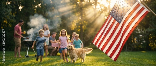 Long banner backdrop for celebrating 4th of July and other USA holidays, American flag with blurred happy family having backyard barbecue