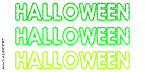 Three rows of white halloween text on a vibrant green gradient background, for holiday decoration isolated on a transparent background