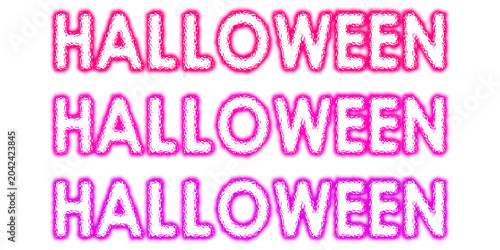 Three rows of white halloween text on a vibrant pink gradient background, for holiday decoration isolated on a transparent background
