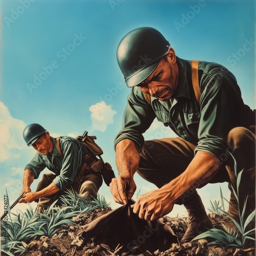 Crouching soldiers in helmets focus on field duty under a clear sky; one meticulously handles gear, the other maintains vigilance. Wartime, Preparation