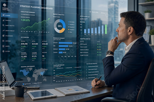 A thoughtful businessman in a modern office intently analyzes a futuristic transparent digital strategic planning dashboard displaying intricate data and charts.