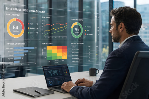 Executive using digital risk assessment dashboard, compliance indicators, security metrics, business intelligence overlay, corporate office setting, realistic professional photography




