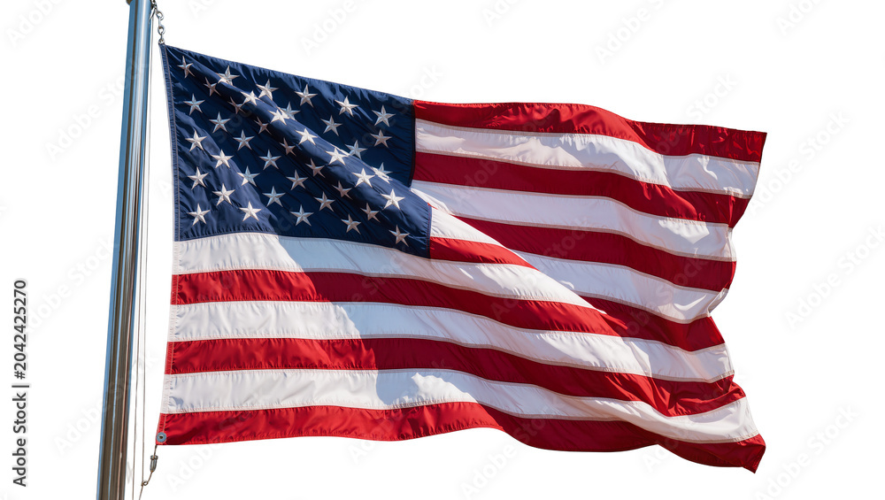 Fototapeta premium Waving American flag with stars and stripes, isolated on transparent background