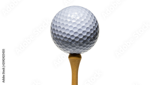 White dimpled golf ball balanced on a wooden tee, isolated on transparent background