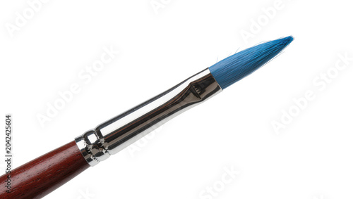 Bild auf Leinwand Round tip paintbrush with blue bristles and metallic ferrule, isolated on transp