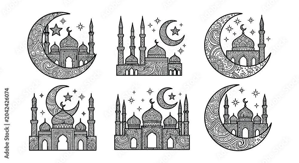 Fototapeta premium Mosque and crescent moon vector illustrations illustration