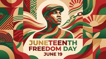 Juneteenth Freedom Day illustration, African American man with broken chains, geometric abstract poster for June 19 celebration and Black history