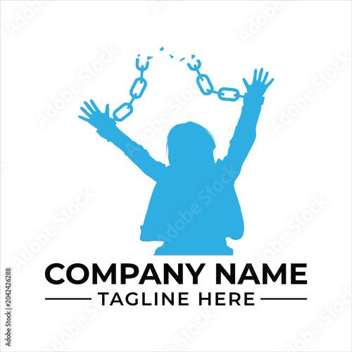 Person with raised hands breaking chains blue icon