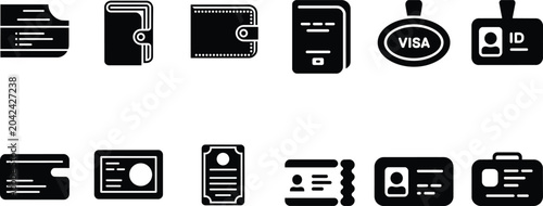 Photos Modern black identification and finance icons set featuring documents, wallets,
