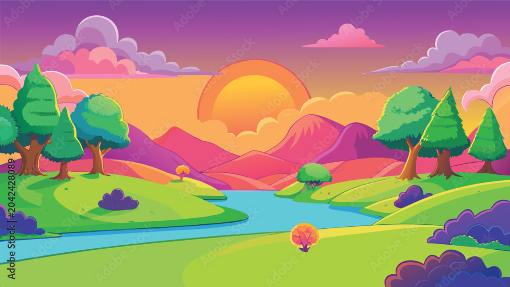 Obraz premium Pixel art landscape with a river flowing through green hills and mountains under a colorful sunset sky Vector