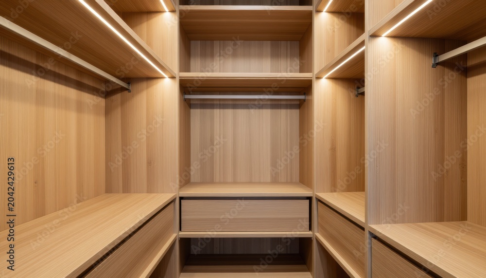 Fototapeta premium Organizing action in a modern walk-in closet home interior photography minimalistic close-up storage solutions