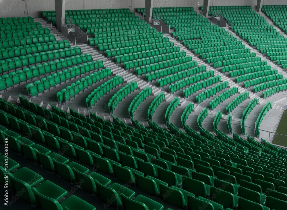 Fototapeta premium Empty Green Stadium Seats in Modern Arena, Perspective View