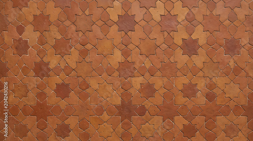 Background texture of orange terracotta star pattern tiles for mediterranean architectural wallpaper and professional interior backdrop design with traditional mosaic pattern 4k