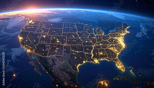 Aerial view of the United States at night, showcasing city lights and country borders on the illuminated Earth, sunrise in the background
