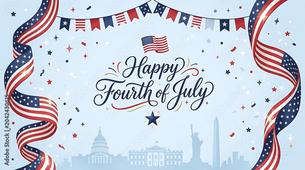 Fototapeta premium Elegant Happy Fourth of July festive greeting card design with patriotic ribbons and monuments