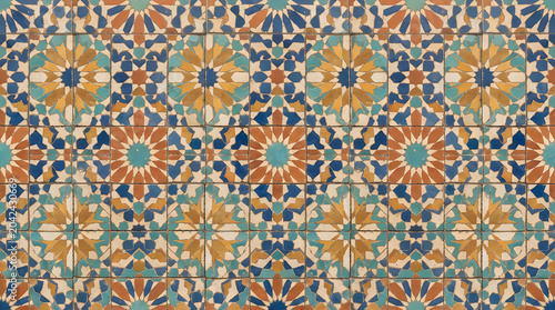 Background texture of traditional Moroccan mosaic tiles with orange and blue geometric pattern for exotic aesthetic wallpaper and professional interior backdrop design high res 4k