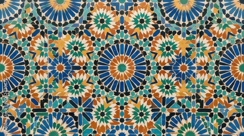 Background texture of intricate blue and orange Moroccan mosaic tiles for luxury architectural wallpaper and professional interior backdrop design with traditional pattern 4k res