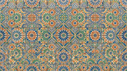 Background texture of intricate colorful Moroccan mosaic tiles for luxury architectural wallpaper and professional interior backdrop design with traditional geometric pattern 4k