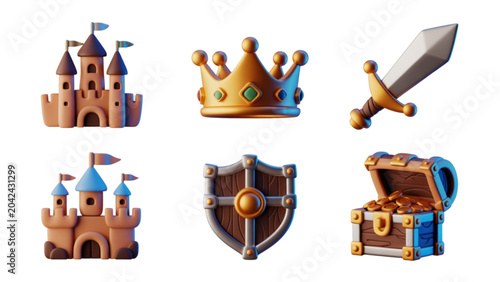 Tableau sur toile Colorful fantasy castle icons with magical items and armor set on a gradient bac