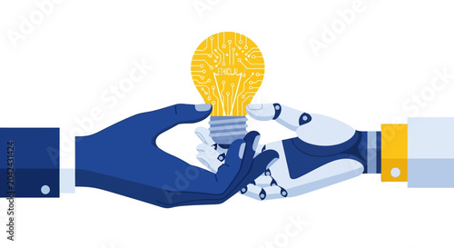 Human and Robot Hands Holding Ethical AI Lightbulb Concept for Responsible Technology Innovation