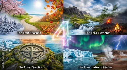 The Four Elements, Seasons, Directions, States of Matter, illustration set, educational graphics, science concepts, nature, environment
