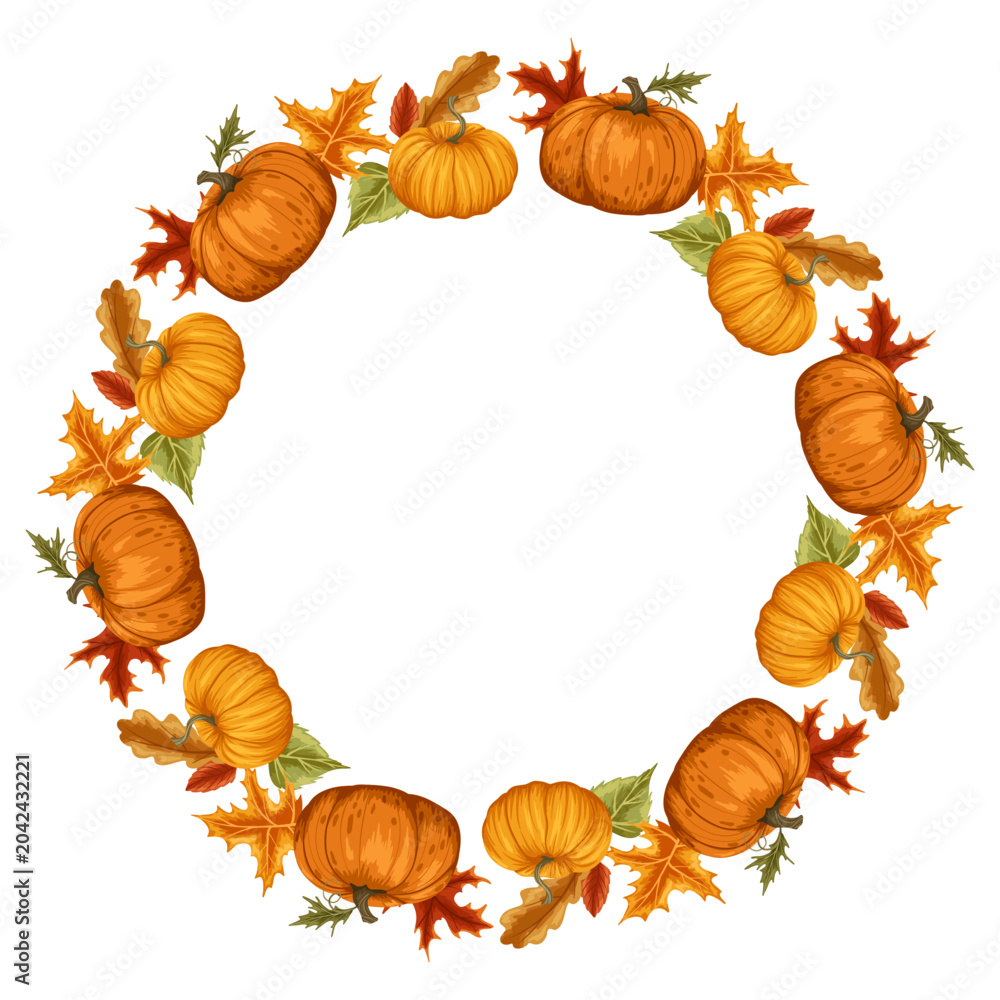 Fototapeta premium Pumpkin circle frame with assorted autumn gourdsand fall leaves. Vector hand drawn illustration for fall packaging design, Thanksgiving cards, labels, stickers and seasonal decor.