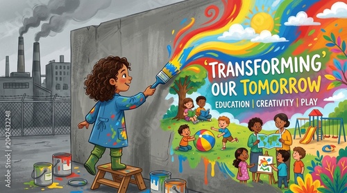 Vibrant illustration, Transforming Tomorrow, education creativity play, colorful mural painting, kids outdoor activities