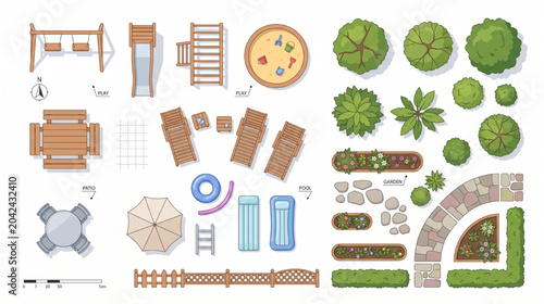 Top View Family Recreation Backyard Assets Set with Children Play Area Sandbox Picnic Table Outdoor Seating Pool Accessories Garden Trees Landscape Symbols