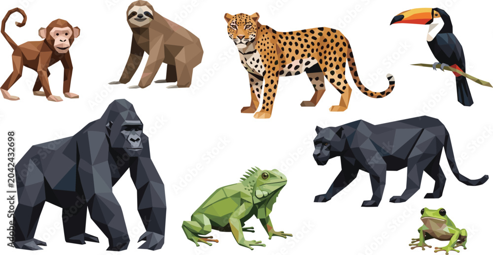 Obraz premium Tropical Rainforest Wild Animal Character Set Featuring Gorilla, Leopard, Monkey, Sloth, Toucan, and Reptiles for Educational Nature Projects and Jungle Wildlife Illustrations
