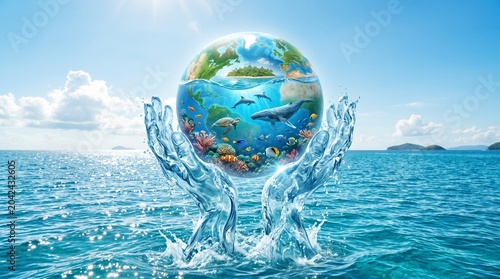 Eco friendly, sustainable earth, globe in hands, water splash, environmental conservation concept, blue ocean background