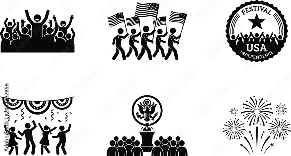 Fototapeta premium United states independence day vector icons crowd flags seal fireworks and celebration graphics