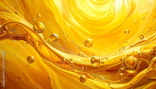 An abstract, close-up photograph displays liquid gold flowing with translucent bubbles, catching the light in a swirling motion