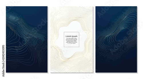 Foto Set of luxury invitation cards with abstract wavy lines and gold foil elements