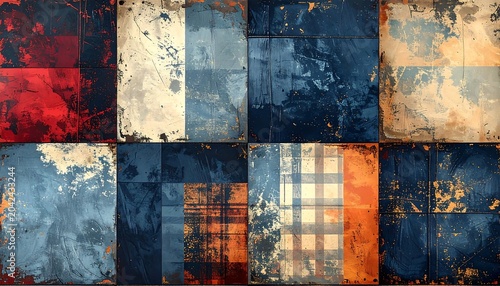 An abstract collage of distressed, square tiles in various colors, textures, and patterns, creating a weathered and aged effect