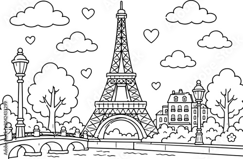 Eiffel Tower Paris cartoon outline hand drawn Line Art illustration doodle art coloring page for kid