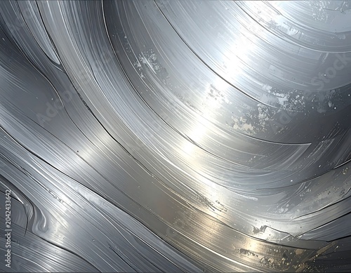An abstract, close-up view presents fluid, curving lines of reflective, metallic textures under bright light