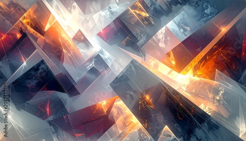 An abstract composition of geometric shapes in translucent glass with hints of warm light and cool blueish hues