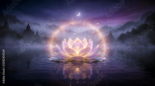 Mystical Lotus Blossom at Dusk: A radiant lotus flower floats serenely on calm water under a twilight sky, its petals glowing with ethereal light, surrounded by a shimmering aura. Distant.