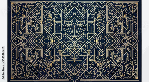 Bild auf Leinwand Intricate art deco geometric pattern with gold filigree on dark blue background