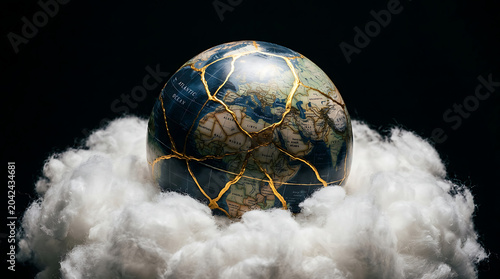 Cracked earth globe surrounded by clouds dramatic lighting