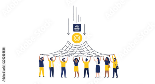 Business Teamwork and Risk Management Concept: Diverse People Holding Safety Net to Catch Falling Goals and Financial Targets. Flat Vector Illustration on White Background.