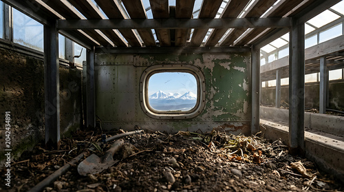 Abandoned aircraft fuselage interior with mountain view