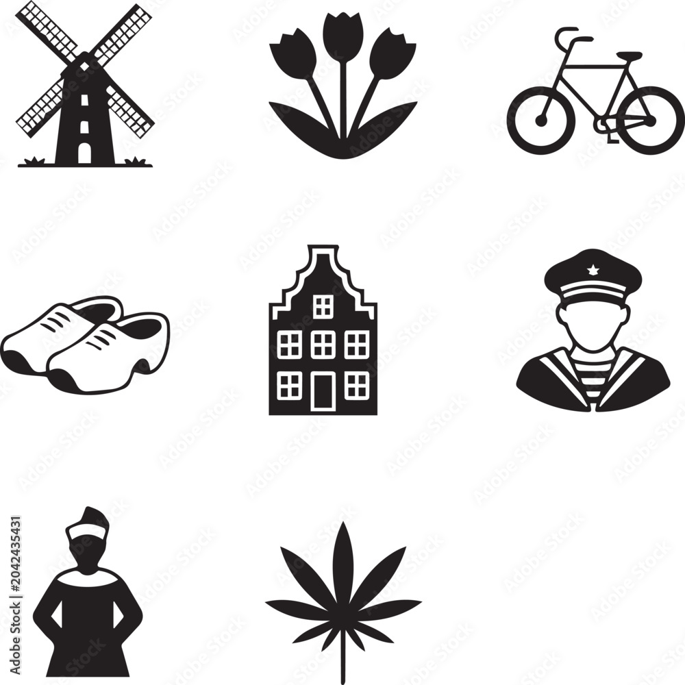 Naklejka premium Dutch cultural icons set of nine black silhouettes Vector
